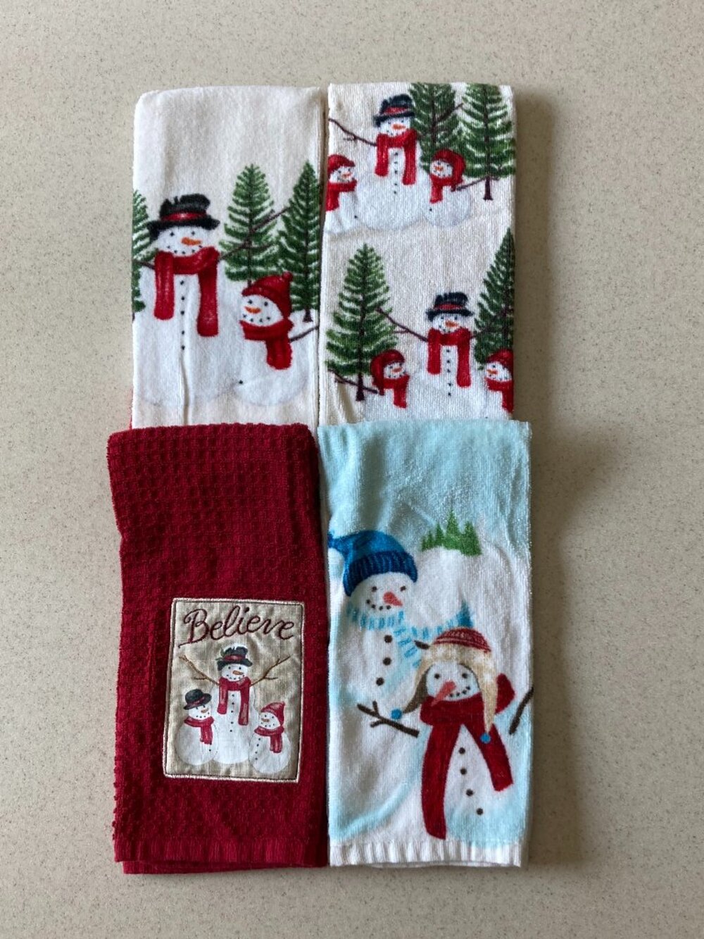 St. Nicholas Square Dish Towels 4 Pc. Snowmen Believe